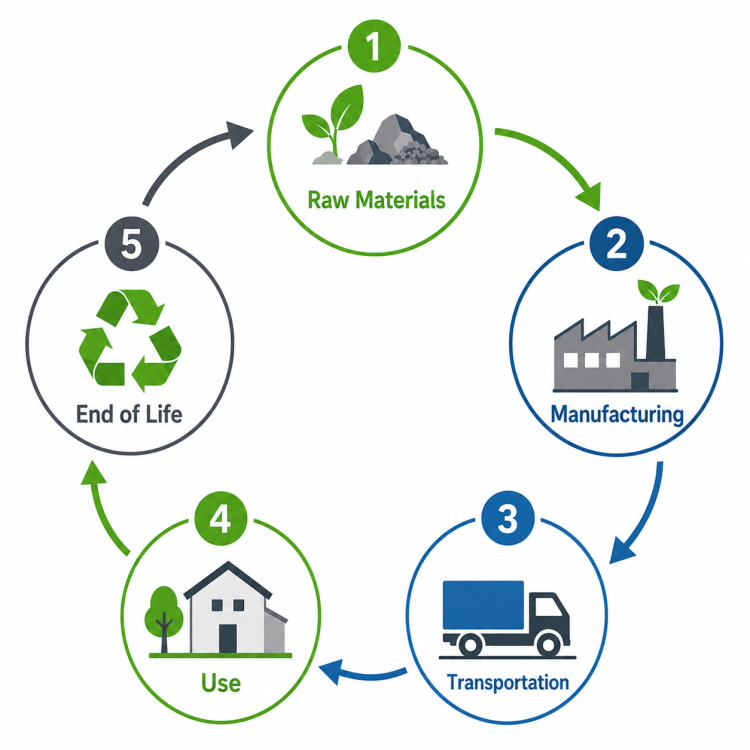 Circular life cycle assessment (LCA) diagram showing five stages of a construction product: Raw Materials, Manufacturing, Transportation, Use, and End of Life, connected by arrows in a continuous cycle.