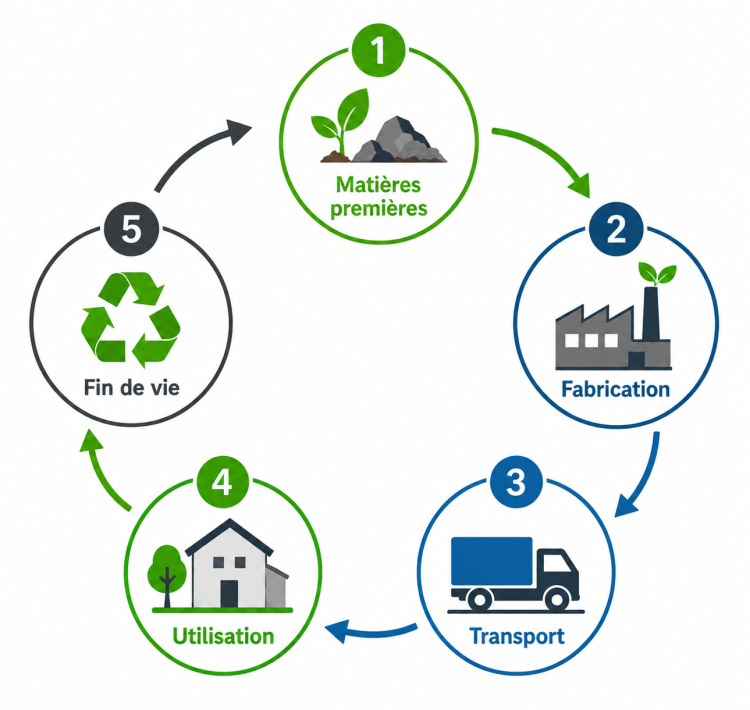 Schéma circulaire du cycle de vie avec cinq étapes : matières premières, fabrication, transport, utilisation et fin de vie, reliées par des flèches.