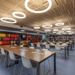 faux plafond design dans une bibliothèque moderne