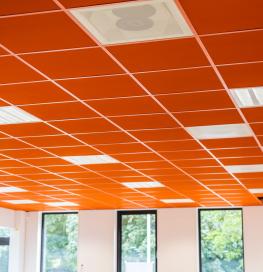 Brightly coloured acoustic ceilings in a classroom