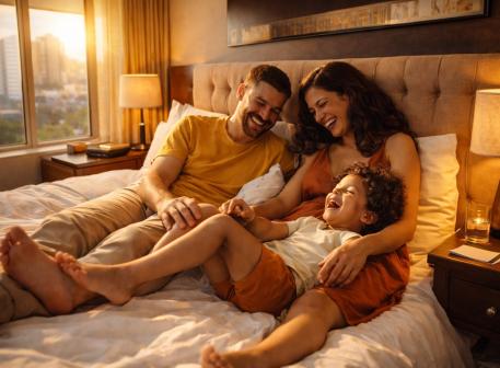 Une famille installée sur un lit dans une chambre chaleureusement éclairée, avec vue sur une ville par la fenêtre. Deux adultes sont assis contre la tête de lit, proches l’un de l’autre, tandis qu’un enfant est allongé et s’appuie sur eux. L’ambiance est détendue et conviviale, avec des lampes allumées créant une lumière douce.