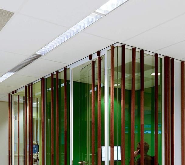 Acoustic ceiling tiles in a town hall.