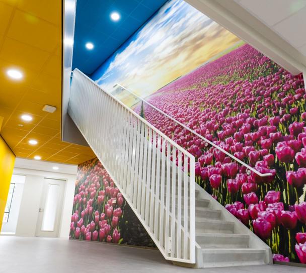 yellow acoustic ceiling tiles, with a staircase