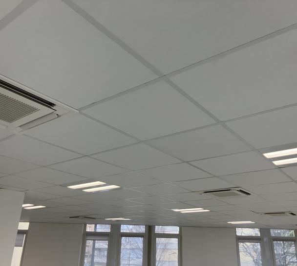 Plafond modulaire blanc avec dalles acoustiques et luminaires intégrés dans un espace de bureaux lumineux.
