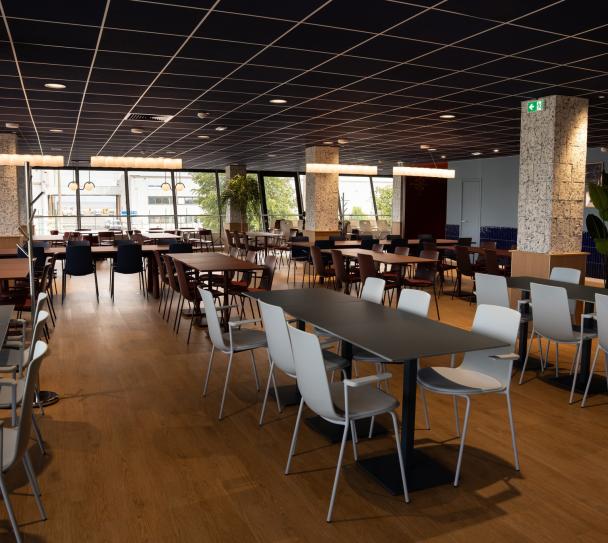 Salle de restauration collective avec tables, chaises et larges baies vitrées. Le plafond modulaire acoustique Eurocoustic sombre à trame visible couvre l’ensemble de la pièce et participe à la maîtrise de l’acoustique dans cet environnement accueillant.
