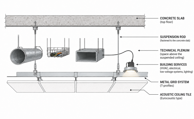 Suspended ceiling system diagram with concrete slab, hanging rods, overhead ducts and cables, and acoustic ceiling tiles on a metal grid.