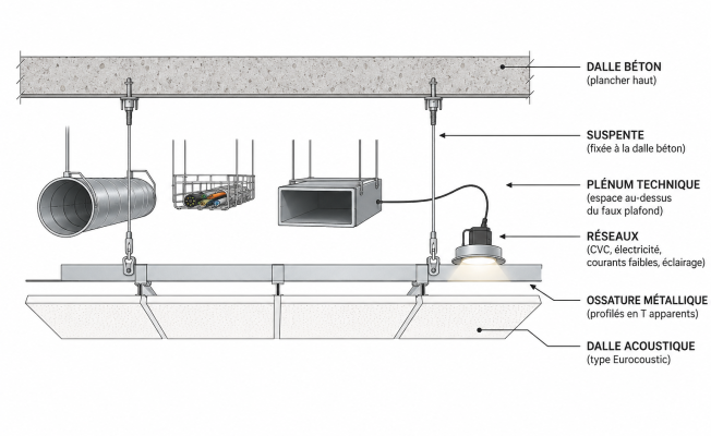 Schéma faux plafond modulaire ossature métallique dalle acoustique plénum technique Eurocoustic
