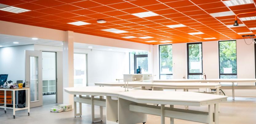 Acoustically lively ceiling tiles in a classroom.